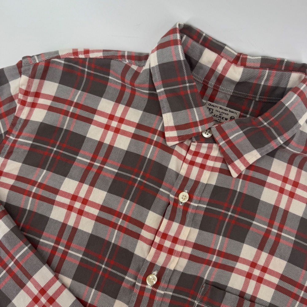 J.Crew Mens Plaid‎ Button Down Shirt Red Gray White Cotton Size M